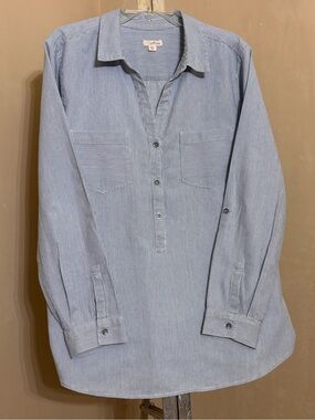 J. Jill Denim Light Blue Thin-Striped Casual Button-Front Pop Over Sz XL